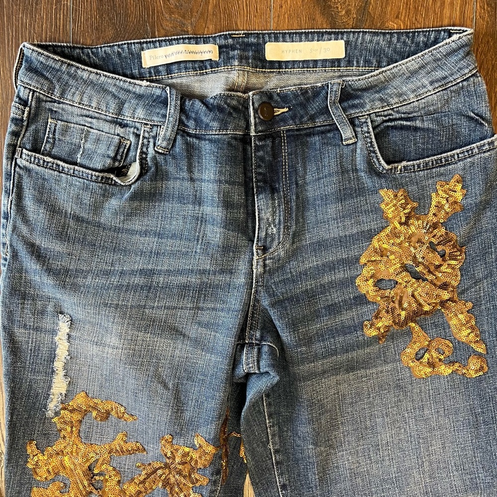 Anthropologie Pilcro gold sequin floral embellished wide cuff distressed jean 30 - Picture 5 of 10